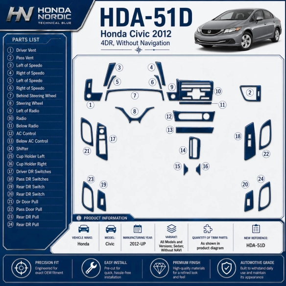 Honda Civic 2012-heute 3D Cockpit Dekor Interieurleisten Set As shown in product diagram-teilig
