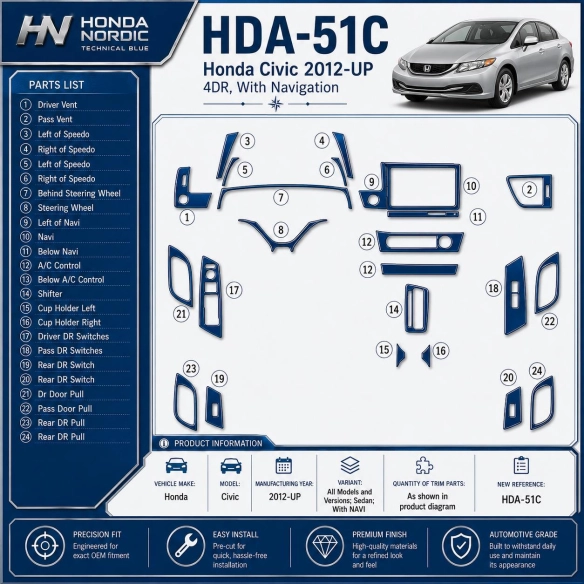 Honda Civic 2012-heute 3D Cockpit Dekor Interieurleisten Set As shown in product diagram-teilig