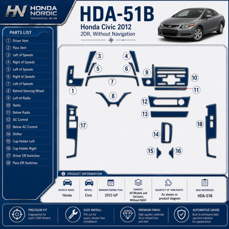 Honda Civic 2012-heute 3D Cockpit Dekor Interieurleisten Set As shown in product diagram-teilig