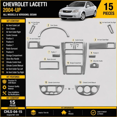 Chevrolet Lacetti Sedan 2004-UP 3D Interior Dashboard Trim Kit Dash Trim Dekor 15-Parts