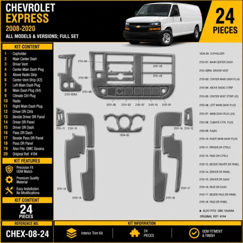 Chevrolet Express 2008-2020 interieur dashboard decoratieset dashboard decor 24 delen