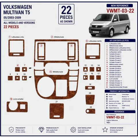 Volkswagen Multivan T5 2003-2009 3D Armaturenbrett-Dekor-Set, 22 Teile 2