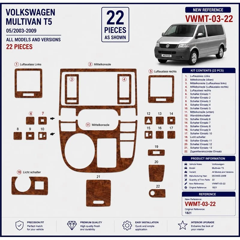 Volkswagen Multivan T5 2003-2009 kit cruscotto 3D, 22 pezzi
