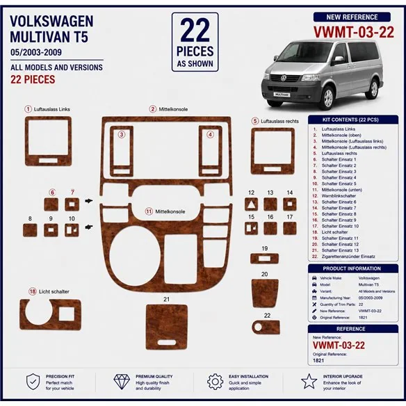 Volkswagen Multivan T5 2003-2009 kit salpicadero 3D, 22 piezas