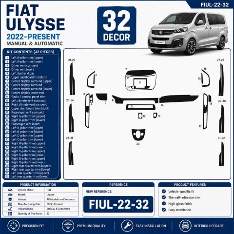 Fiat Ulysse 2022–Present Kit Molduras Interiores Salpicadero 3D 32 Piezas
