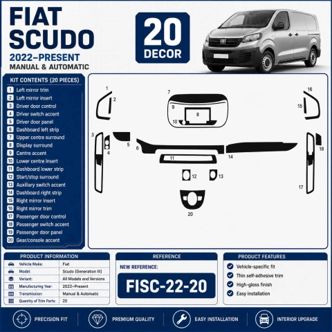 Fiat Scudo (Generation III) 2022–Present Kit Décor Intérieur Tableau de Bord 3D 20 Pièces