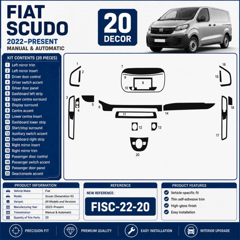 Fiat Scudo (Generation III) 2022–Present Kit Décor Intérieur Tableau de Bord 3D 20 Pièces