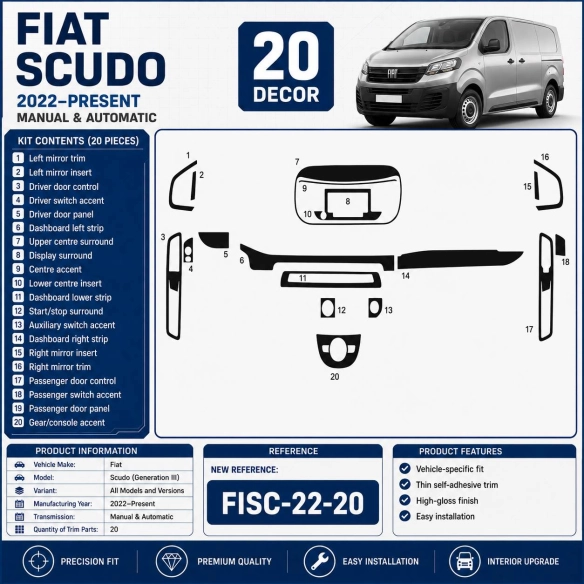 Fiat Scudo (Generation III) 2022–Present Kit Décor Intérieur Tableau de Bord 3D 20 Pièces