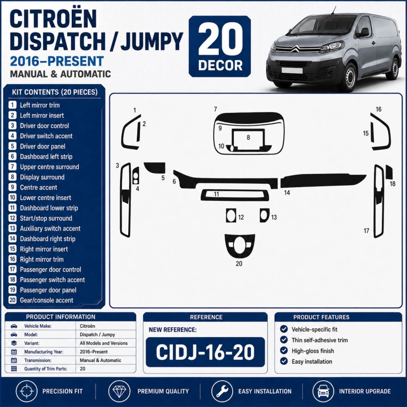 Citroën Dispatch (UK) / Jumpy (Europe) 2016–Present Kit Modanature Interni Cruscotto 3D 20 Pezzi