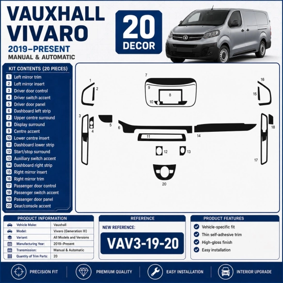 Vauxhall Vivaro (Generation III) 2019–Present Kit Molduras Interiores Salpicadero 3D 20 Piezas
