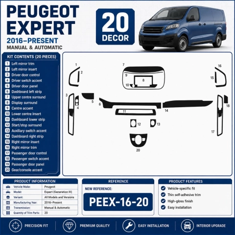 Peugeot Expert (Generation III) 2016–Present Kit Modanature Interni Cruscotto 3D 20 Pezzi