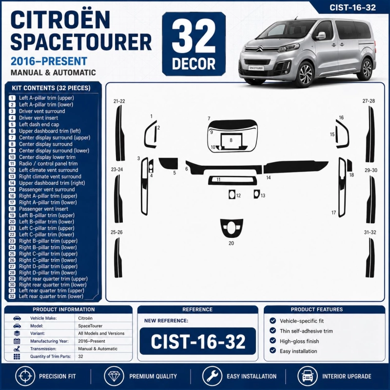 Citroën SpaceTourer 2016–Present Kit Modanature Interni Cruscotto 3D 32 Pezzi