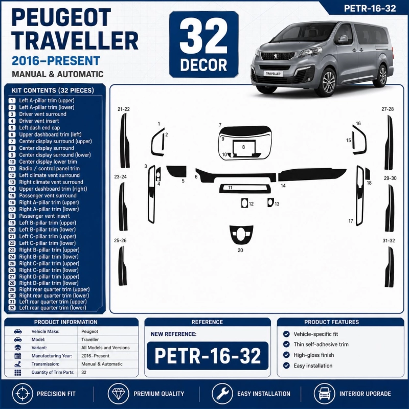 Peugeot Traveller 2016–Present Kit Modanature Interni Cruscotto 3D 32 Pezzi