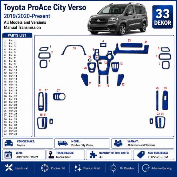 Toyota ProAce City Verso 2019/2020-Present 3D Armaturenbrett Dekor Set 33-teilig Schaltgetriebe