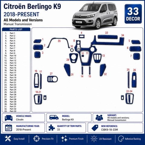 Citroën Berlingo K9 2018-Present 3D Interior Dashboard Trim Kit 33-Parts Manual Gear