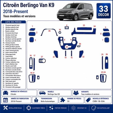 Citroën Berlingo Van K9 2018-Present 3D Armaturenbrett Dekor Set 33-teilig Automatikgetriebe