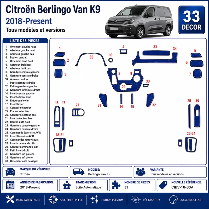 Citroën Berlingo Van K9 2018-Present Kit Modanature Cruscotto Interni 3D 33 Pezzi Cambio Automatico