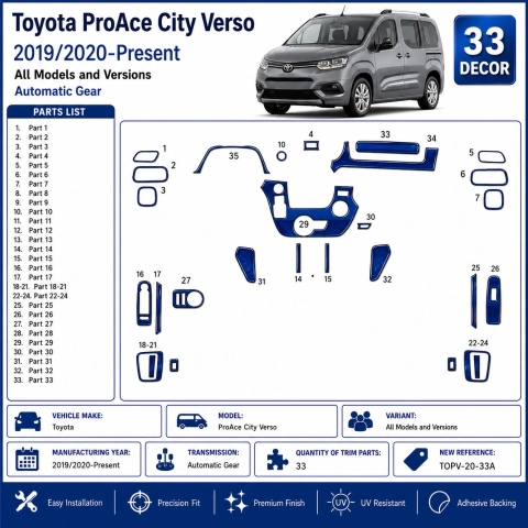 Toyota ProAce City Verso 2019/2020-Present 3D Interior Dashboard Trim Kit 33-Parts Automatic Gear