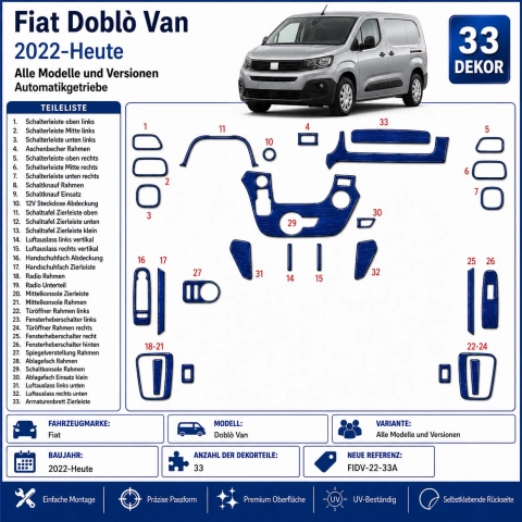Fiat Doblò Van 2022-Present 3D Interior Dashboard Trim Kit 33-Parts Automatic Gear