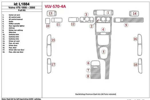 Volvo S70 1998-2000 Full Set, 18 Parts set BD Interieur Dashboard Bekleding Volhouder
