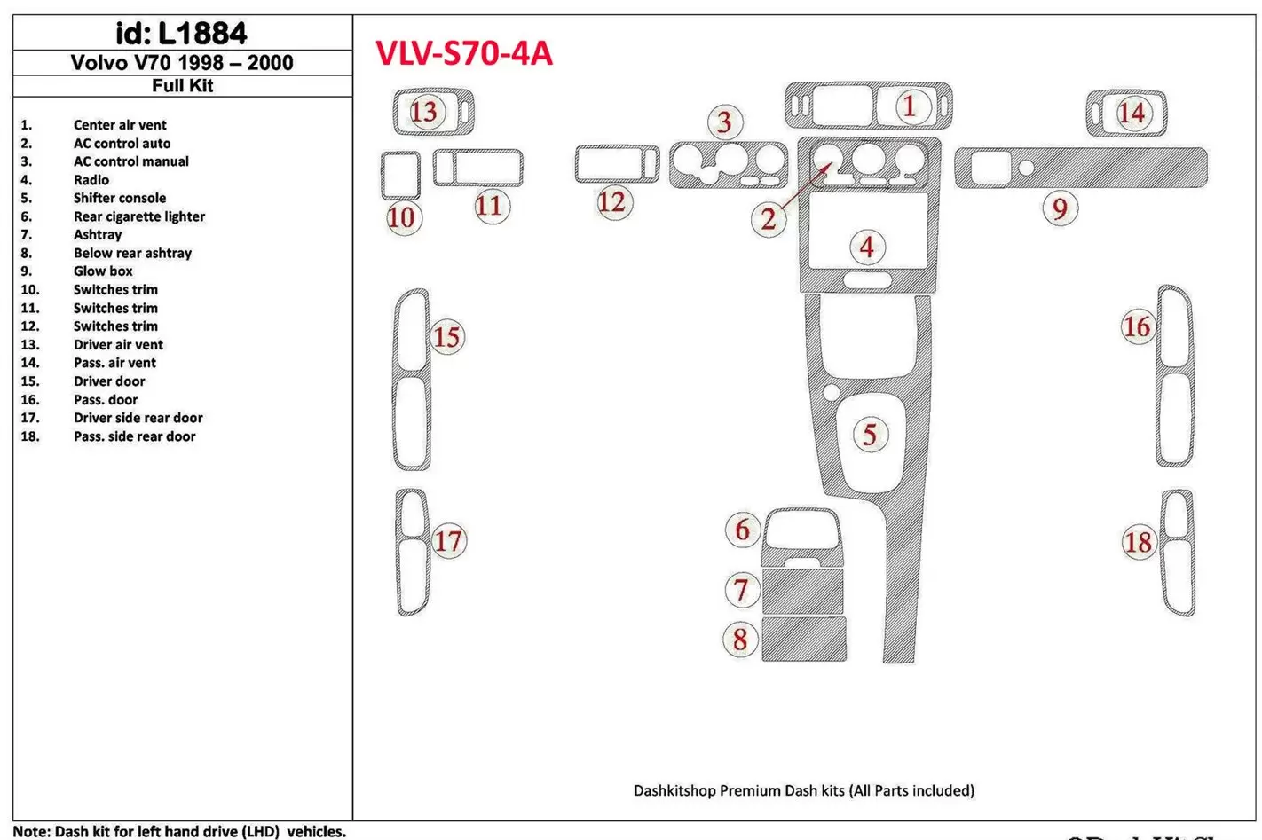 Volvo S70 1998-2000 Full Set, 18 Parts set Interior BD Dash Trim Kit