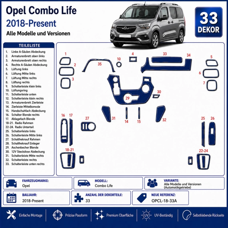 Opel Combo Life 2018-Present 3D Armaturenbrett Dekor Set 33-teilig Automatikgetriebe