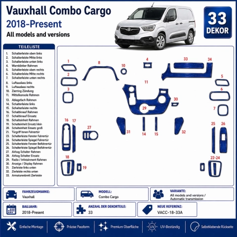 Vauxhall Combo Cargo 2018-Present 3D Armaturenbrett Dekor Set 33-teilig Automatikgetriebe