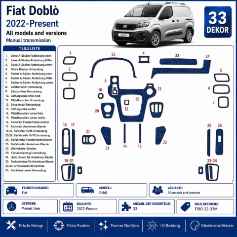 Fiat Doblò 2022-Present 3D Armaturenbrett Dekor Set 33-teilig Schaltgetriebe