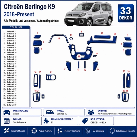 Citroën Berlingo K9 2018-Present Kit Molduras Salpicadero Interior 3D 33 Piezas Cambio Automático