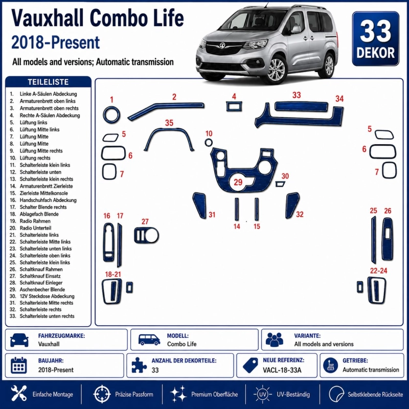 Vauxhall Combo Life 2018-Present 3D Armaturenbrett Dekor Set 33-teilig Automatikgetriebe