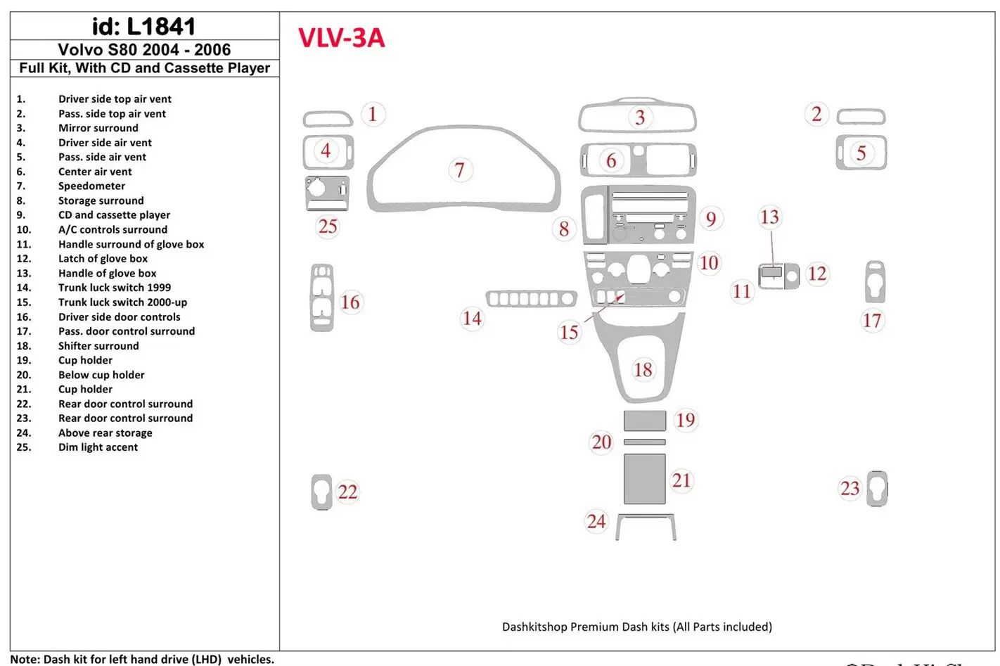 Volvo S80 2004-2006 Full Set, With CD and Compact Casette audio Interior BD Dash Trim Kit