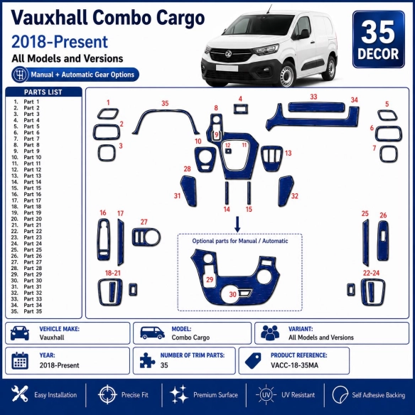 Vauxhall Combo Cargo 2018-Present 3D Armaturenbrett Dekor Set 35-teilig Schalt- + Automatikgetriebe Optionen