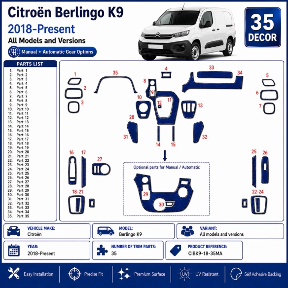 Citroën Berlingo K9 2018-Present 3D Interior Dashboard Trim Kit 35-Parts Manual + Automatic Gear Options
