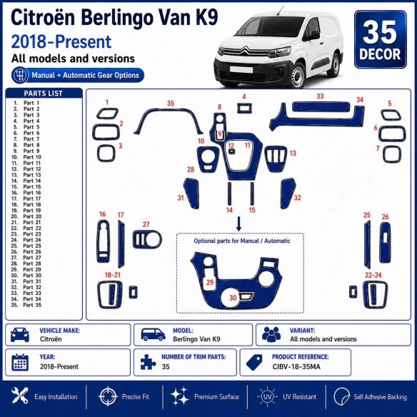 Citroën Berlingo Van K9 2018-Present Kit Modanature Cruscotto Interni 3D 35 Pezzi Opzioni Manuale + Automatico