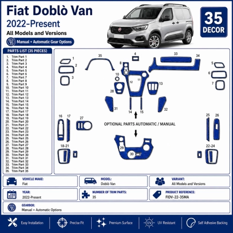 Fiat Doblò Van 2022-Present 3D Dashboard Interieur Trim Kit 35-delig Handgeschakeld + Automaat Opties