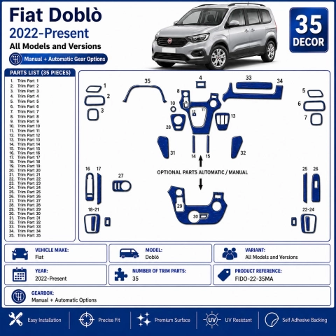 Toyota ProAce City Verso 2019/2020-Present Kit Décor Tableau de Bord 3D 35 Pièces Options Manuelle + Automatique