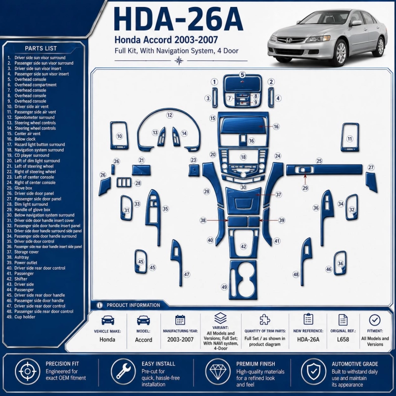 Honda Accord 2003-2007 juego completo, con navegador system, 4 Doors kit de molduras interiores para salpicadero