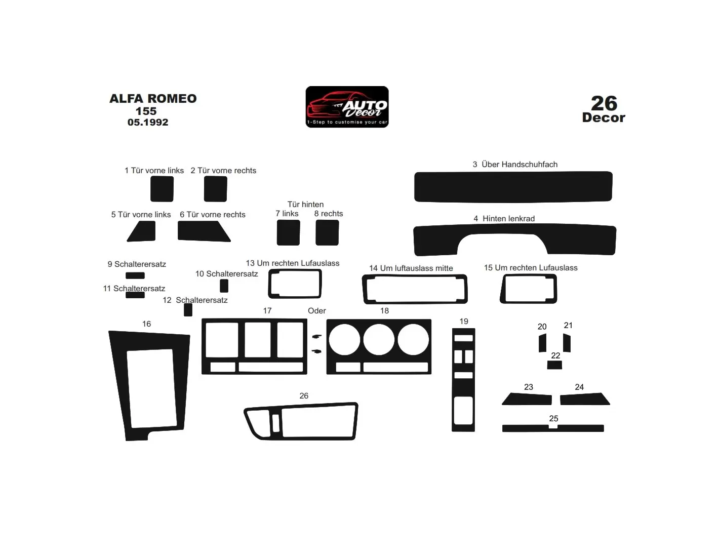Alfa Romeo 145 146 09.94-03.97 3D Inleg dashboard Interieurset aansluitend en pasgemaakt op he 15-Teile