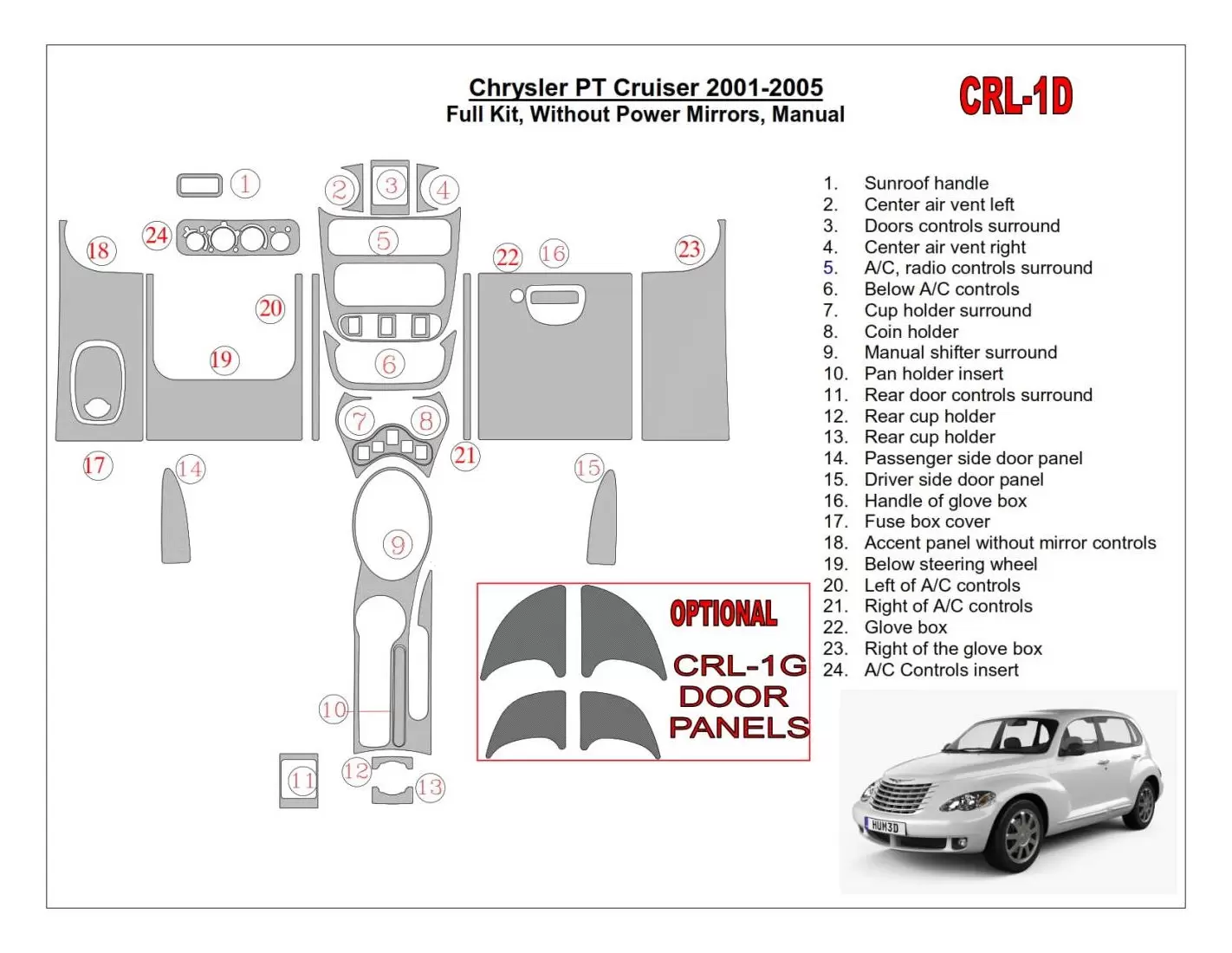 Chrysler PT Cruiser 2001-2005 Ensemble Complet, Sans Power Mirrors, boîte manuellebox, 23 Parts set BD Décoration de tableau de 