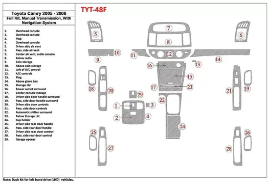 Toyota Camry 2005-2006 Ensemble Complet, boîte manuelle Box, Avec NAVI system, Sans OEM BD Kit la décoration du tableau de bord 