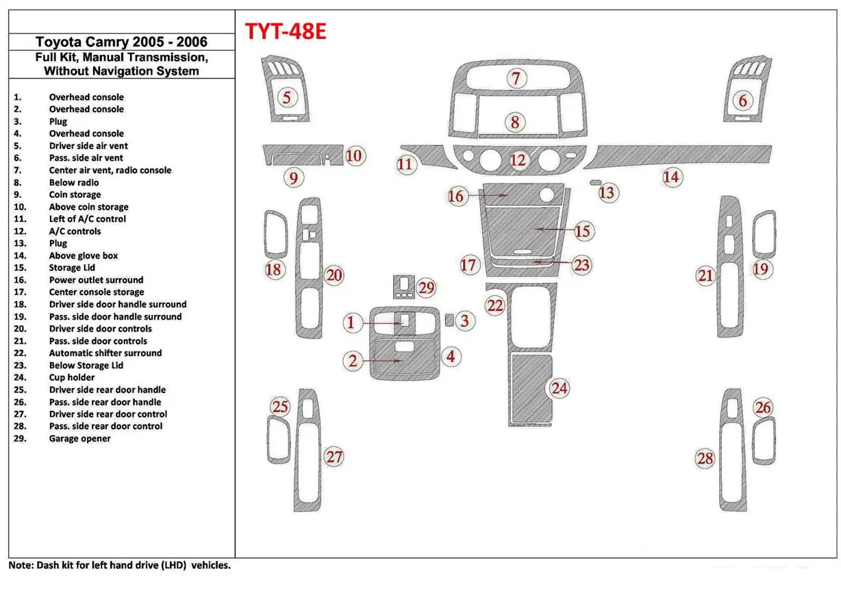 Toyota Camry 2005-2006 Ensemble Complet, boîte manuelle Box, Sans NAVI system, Sans OEM BD Kit la décoration du tableau de bord 