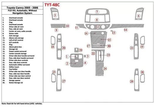 Toyota Camry 2005-2006 Full Set, Automatic Gear, Without NAVI system, Without OEM Decor de carlinga su interior