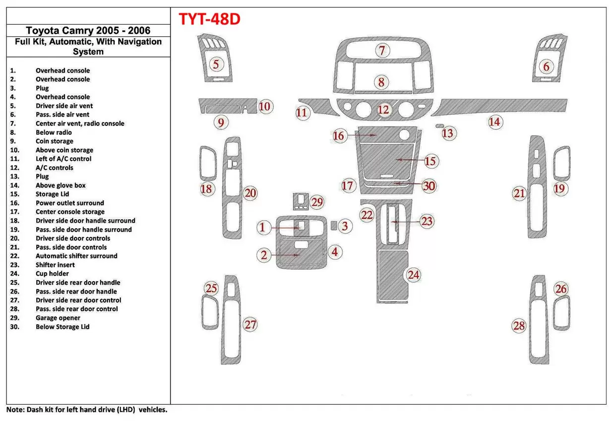 Toyota Camry 2005-2006 Full Set, Automatic Gear, With NAVI system, Without OEM Decor de carlinga su interior