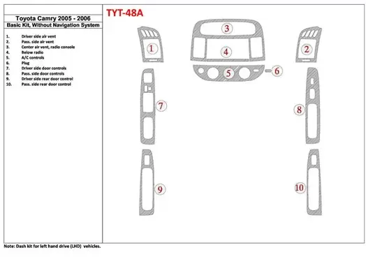 Toyota Camry 2005-2006 Basic Set, Without NAVI system, Without OEM Decor de carlinga su interior