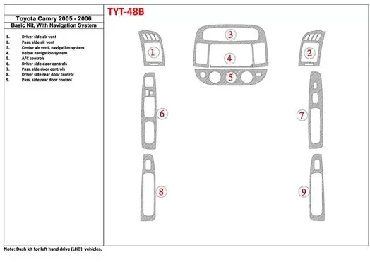 Toyota Camry 2005-2006 Basic Set, With NAVI system, Without OEM Decor de carlinga su interior