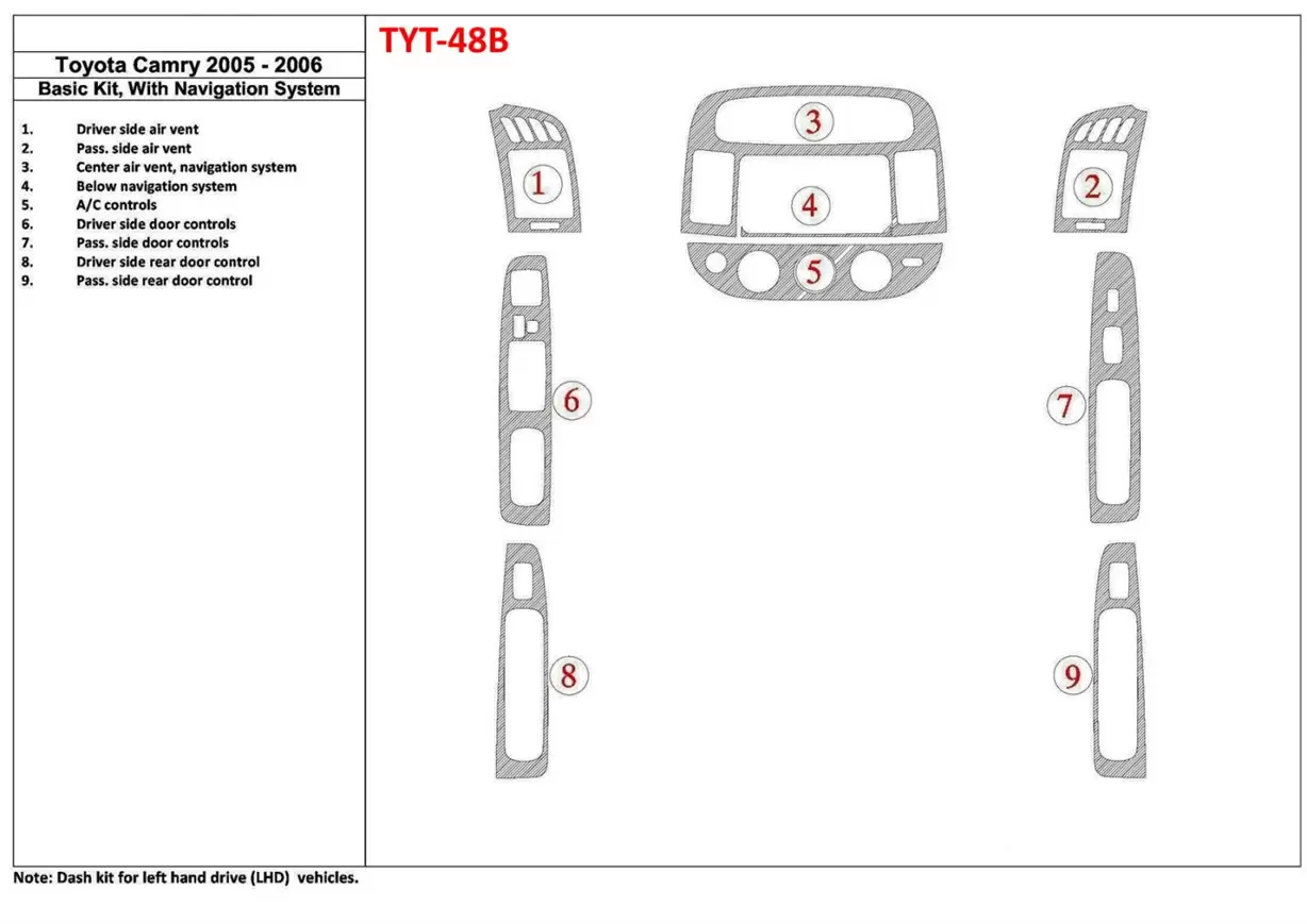 Toyota Camry 2005-2006 Basic Set, With NAVI system, Without OEM BD Interieur Dashboard Bekleding Volhouder