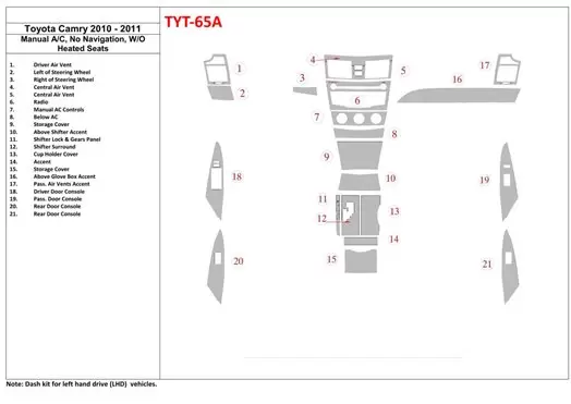 Toyota Camry 2010-2011 manual climate control, Without NAVI Decor de carlinga su interior