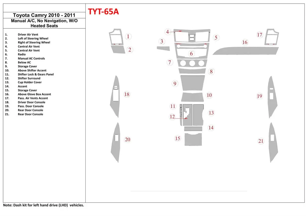 Toyota Camry 2010-2011 manual climate control, Without NAVI BD Interieur Dashboard Bekleding Volhouder