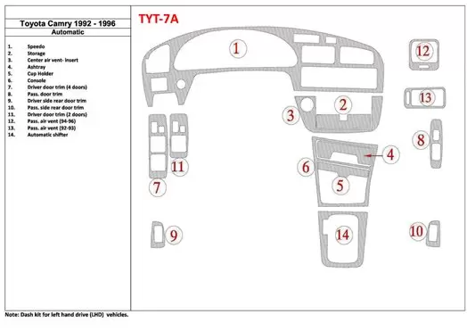 Toyota Camry 1992-1996 Automatic Gearbox, 14 Parts set BD innenausstattung armaturendekor cockpit dekor - 1- Cockpit Dekor Innen