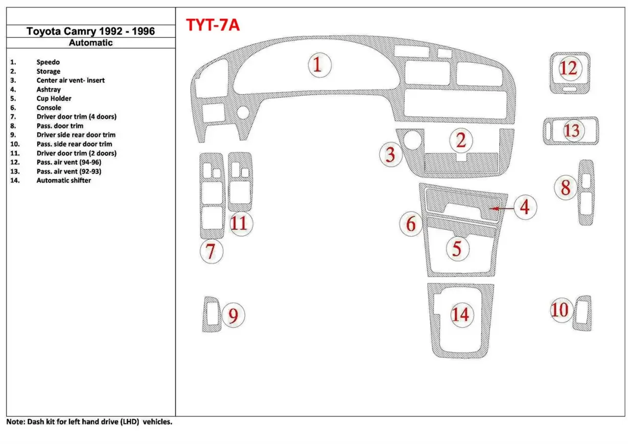 Toyota Camry 1992-1996 Automatic Gearbox, 14 Parts set BD innenausstattung armaturendekor cockpit dekor - 1- Cockpit Dekor Innen